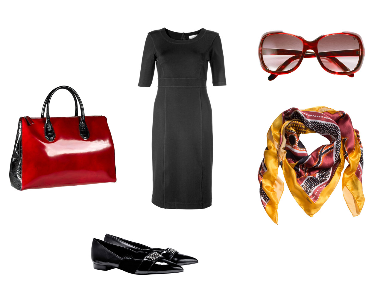 Черное платье с красной сумкой, палантином и туфлями