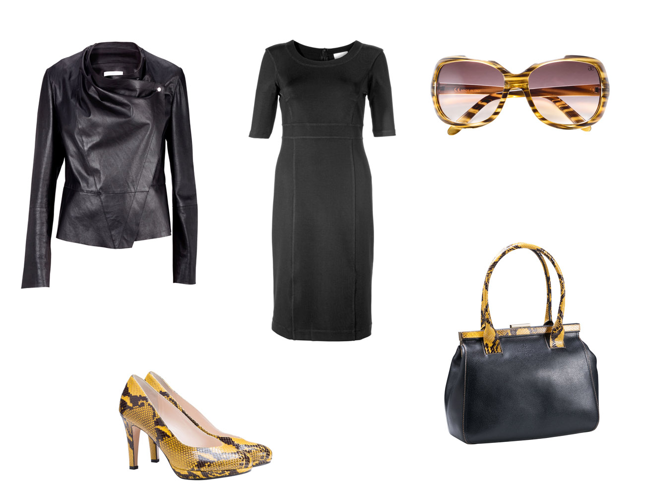 Черное платье с кожаной сумкой, сумкой со змеиным принтом и туфлями
